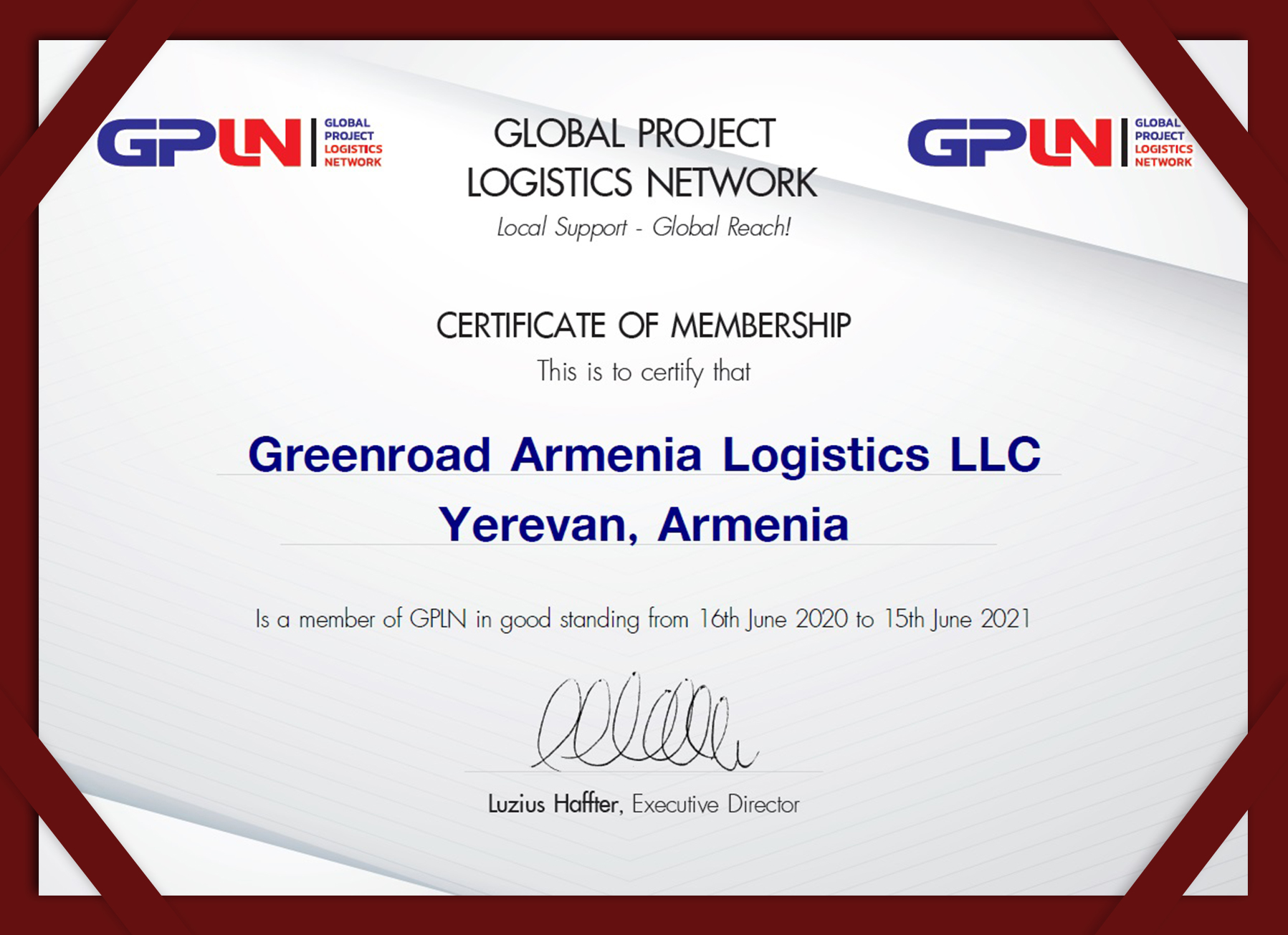 Certificate Greenroad Armenia